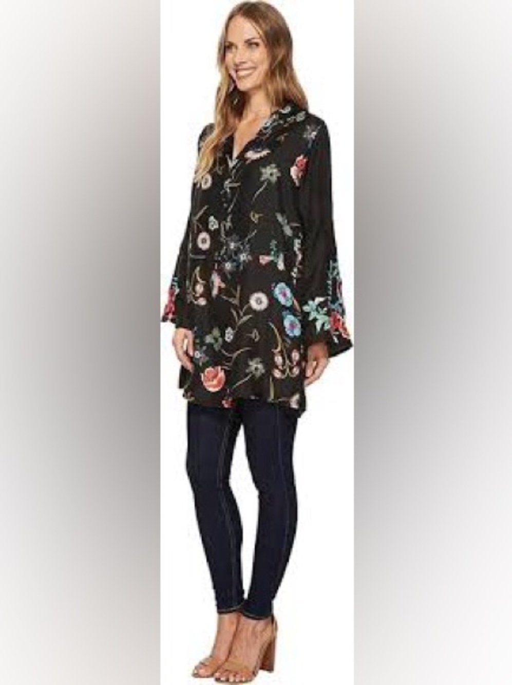 Johnny Was Lentino black floral embroidered silk tunic with bell sleeves